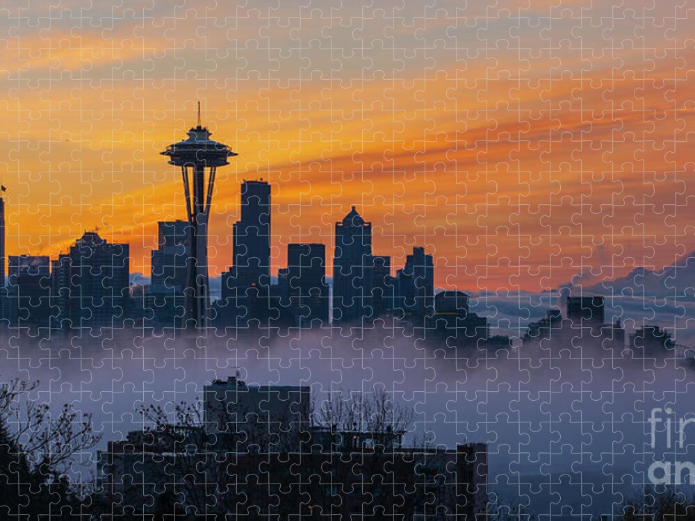 Seattle Jigsaw Puzzle featuring the photograph Sunrise Seattle Skyline Above the Fog by Mike Reid