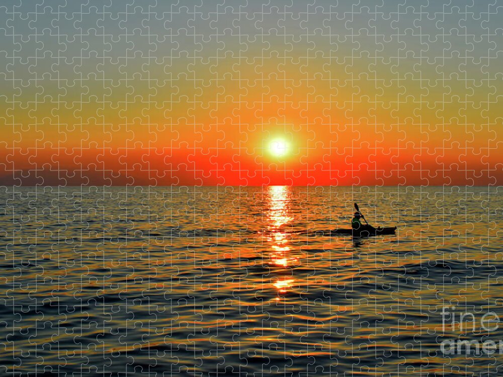 Sunset Jigsaw Puzzle featuring the photograph Sunset Above Seascape With Kayaker  by Leonida Arte