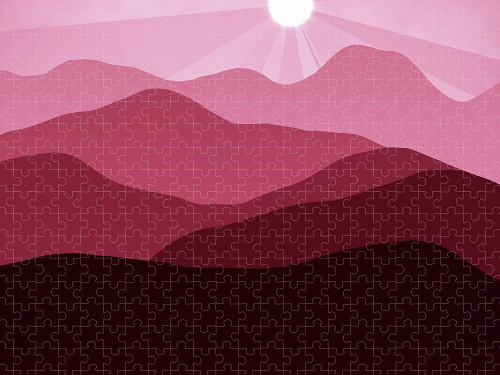 Minimalist Jigsaw Puzzle featuring the digital art Sunset and Red Mountain Landscape Abstract Minimalism by Matthias Hauser