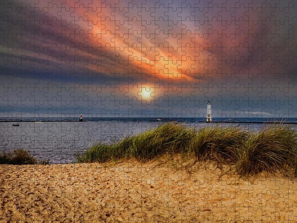 Northernmichigan Jigsaw Puzzle featuring the photograph Sunset at Betsie Harbor Entrance IMG_3653 by Michael Thomas