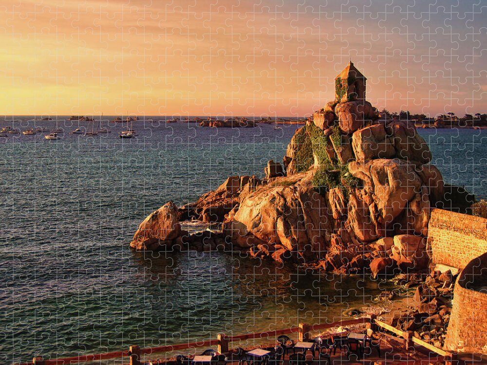 Port Blanc Jigsaw Puzzle featuring the photograph Sunset at Port Blanc - Cote de Granit Rose by Menega Sabidussi