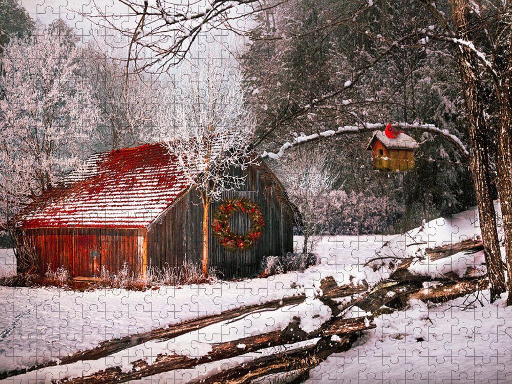Barn Jigsaw Puzzle featuring the photograph Sunset Barn in the Snow by Debra and Dave Vanderlaan