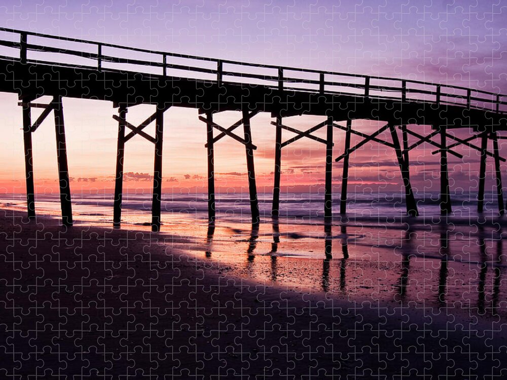Fishing Pier At Sunset Jigsaw Puzzle featuring the photograph Sunset Fishing Pier on North Carolina Coast by Bob Decker