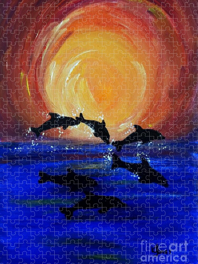Dolphins Jigsaw Puzzle featuring the painting Sunset Frolics by Karen Jane Jones
