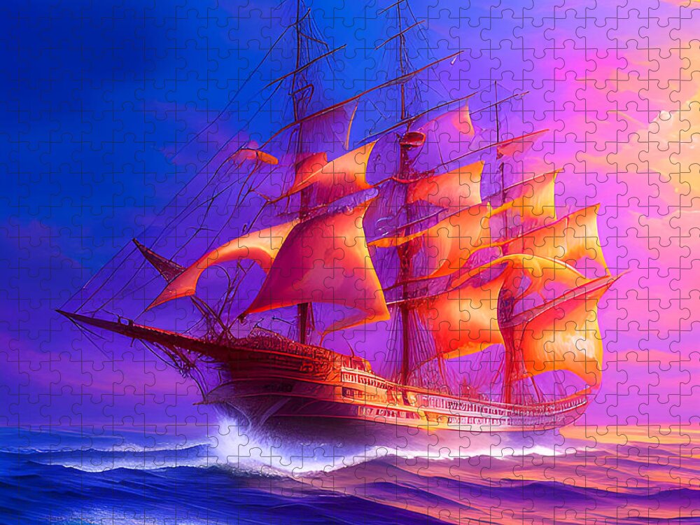 Ghost Ship Jigsaw Puzzle featuring the digital art Sunset Ghost Ship by Lisa Pearlman