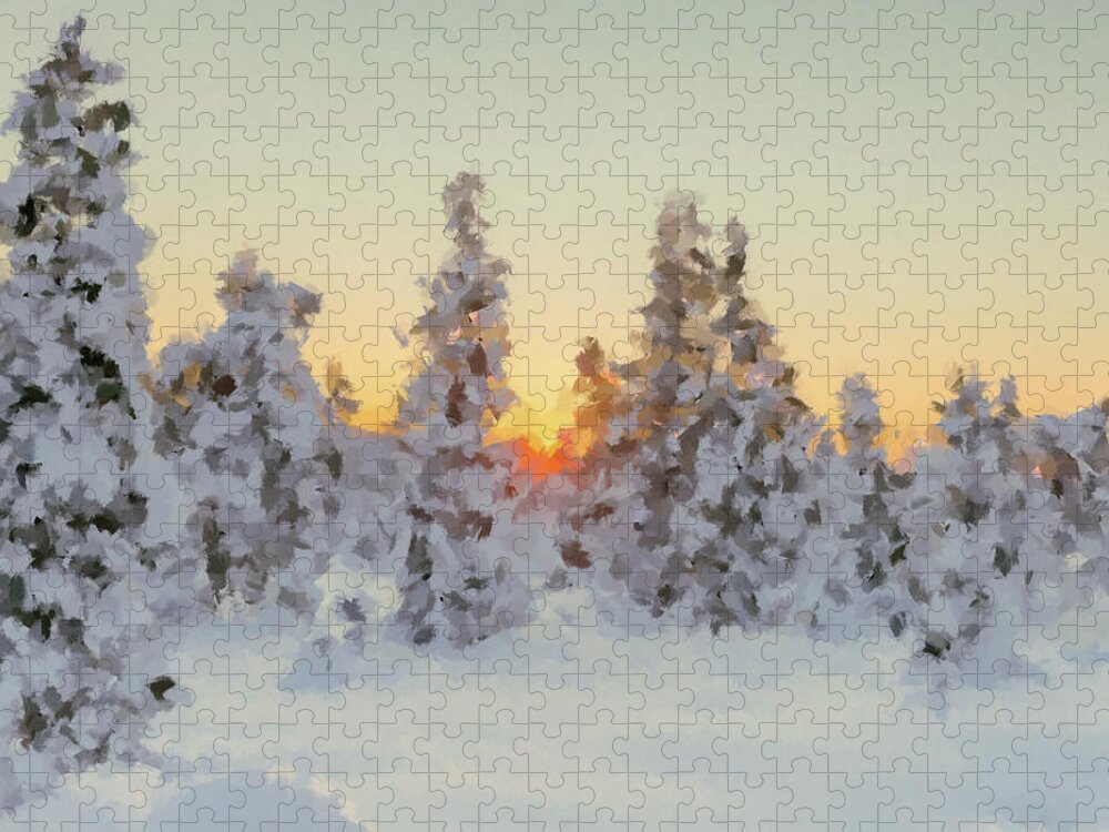 Winter Jigsaw Puzzle featuring the painting Sunset in Winter Forest by Alex Mir