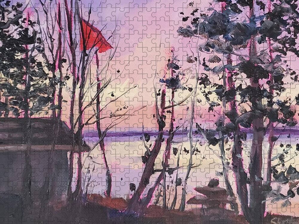 Landscape Jigsaw Puzzle featuring the painting Sunset Lakeside by Sheila Romard