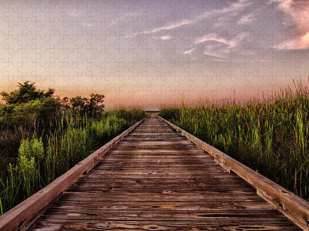 Cottages At Bay Ridge Jigsaw Puzzle featuring the photograph Sunset on a Long Dock at Bay Ridge Atlantic Beach North Carolina by Bob Decker