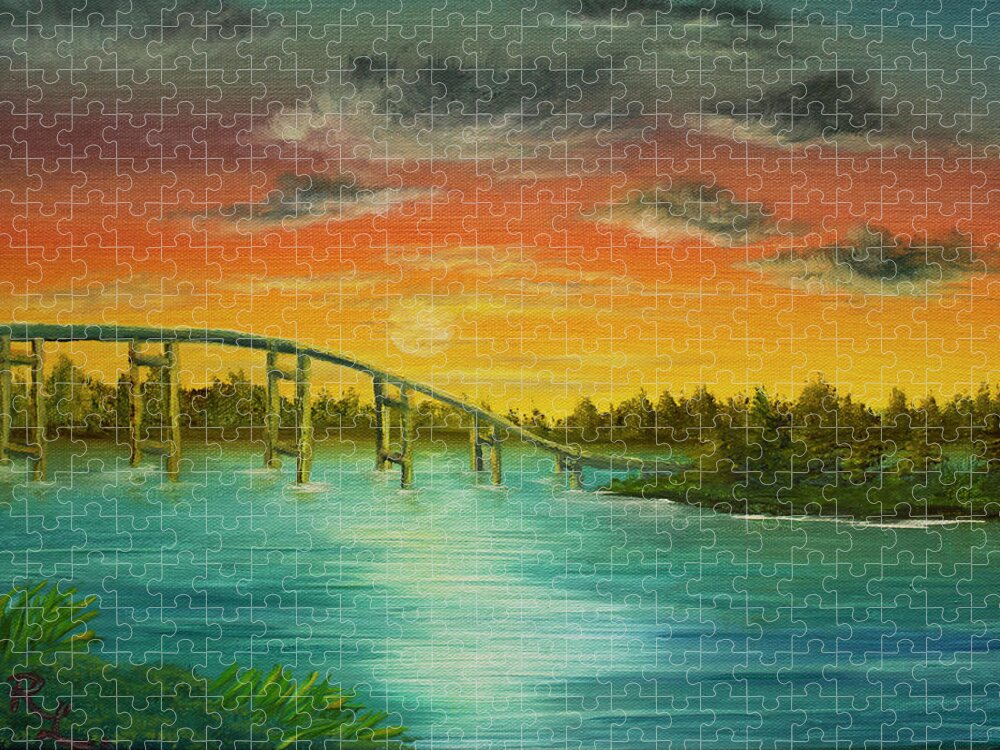 Sunset Jigsaw Puzzle featuring the painting Sunset on the Lake by Renee Logan