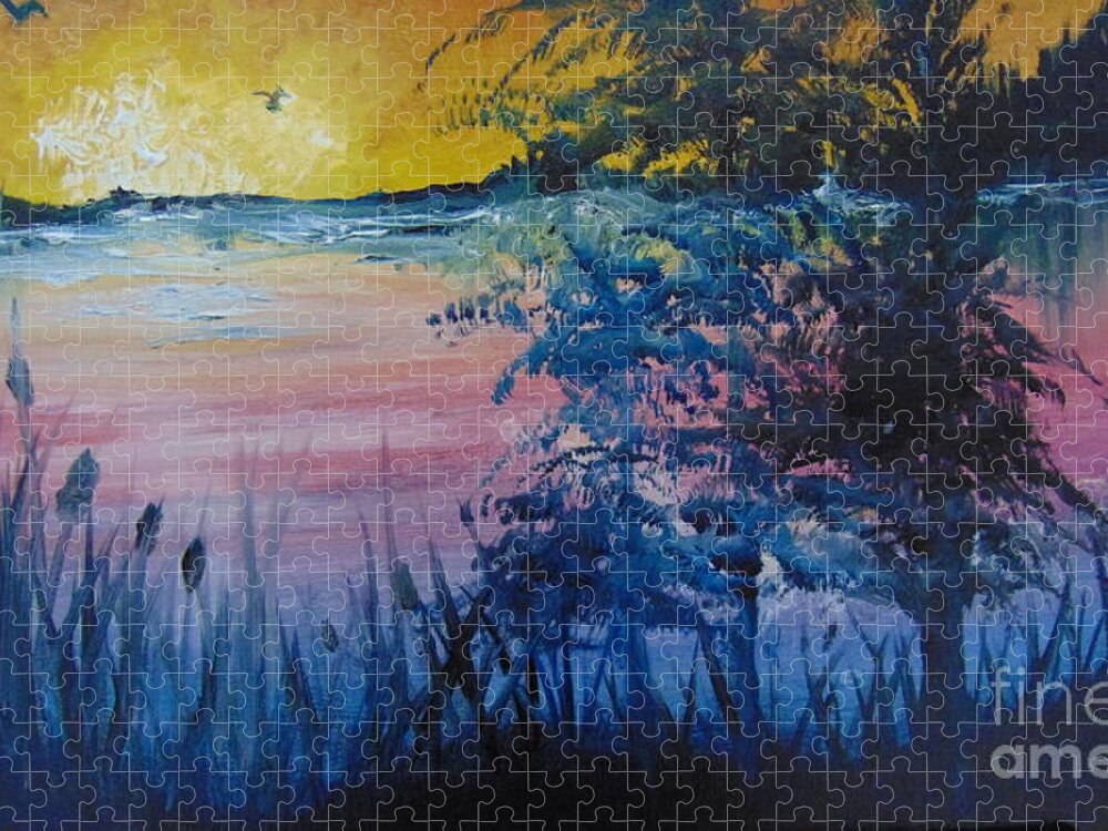 Lake Jigsaw Puzzle featuring the painting Sunset on the Lake by Saundra Johnson