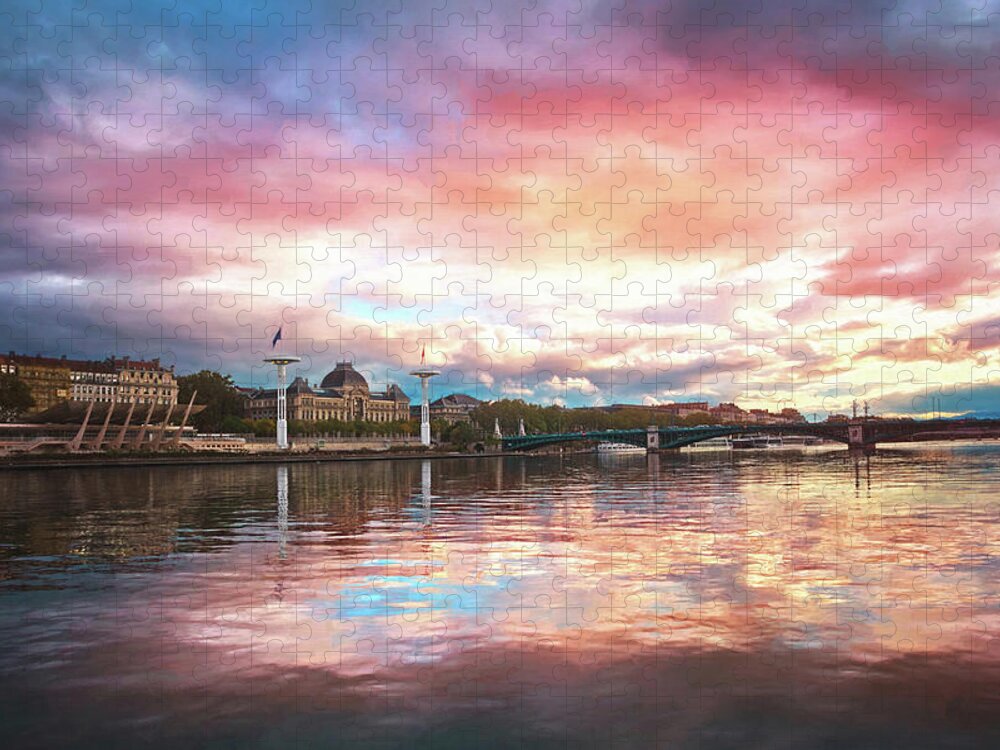 Lyon Jigsaw Puzzle featuring the photograph Sunset on the Rhone River Lyon France by Carol Japp