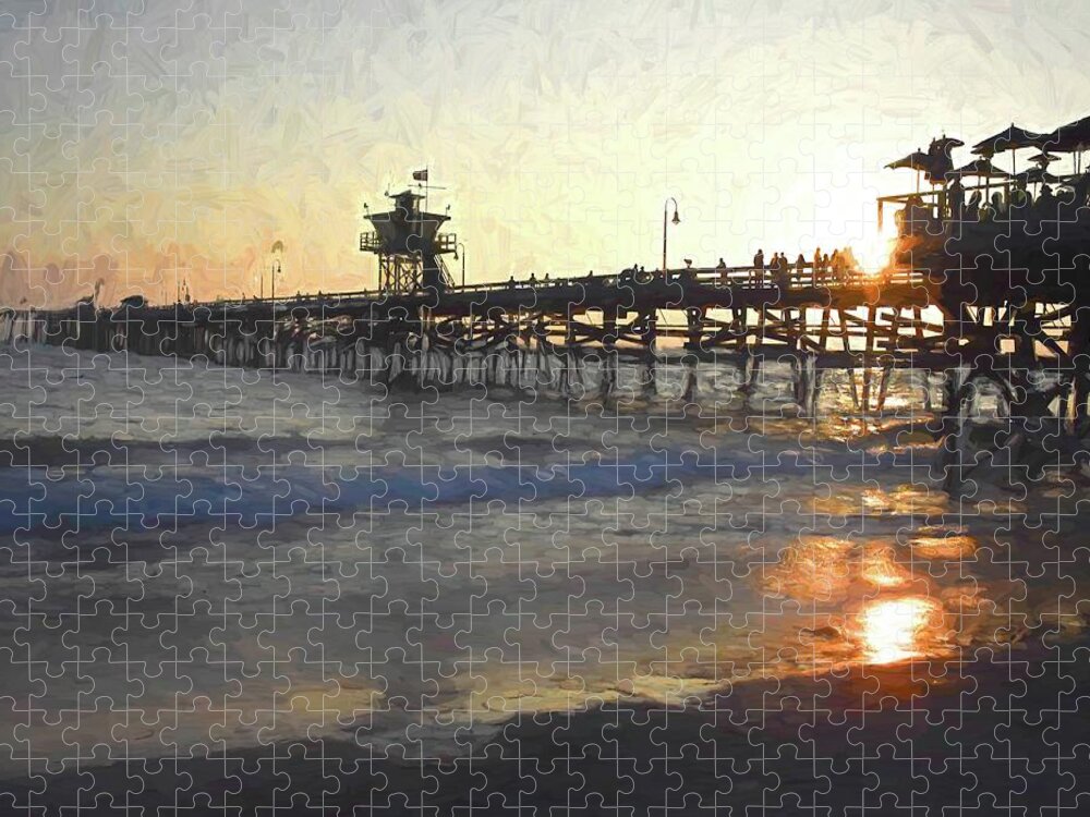 San Clemente Pier Jigsaw Puzzle featuring the mixed media Sunset on the San Clemente Pier by Rebecca Herranen