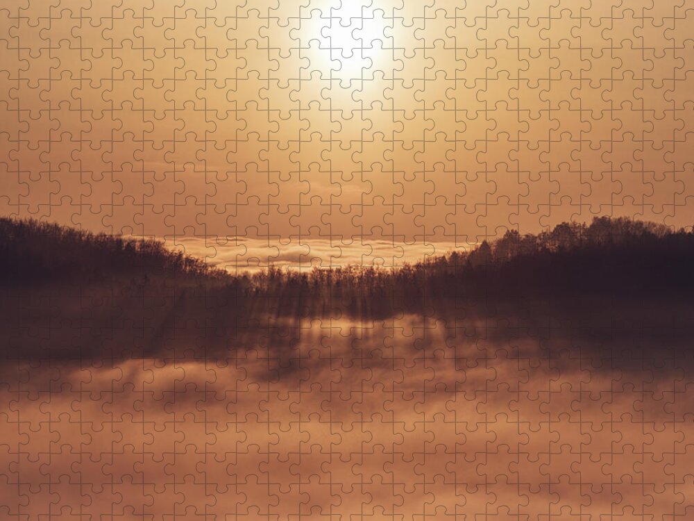 Palkovicke Hurky Jigsaw Puzzle featuring the photograph Sunset over a sea of clouds by Vaclav Sonnek