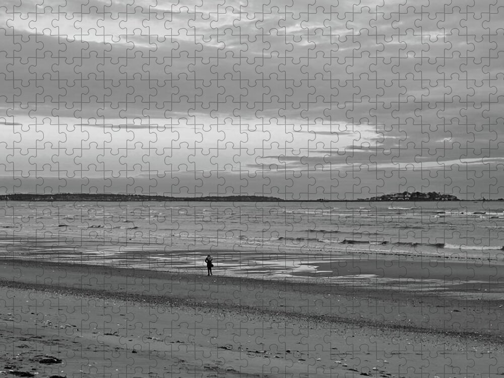 Revere Jigsaw Puzzle featuring the photograph Sunset over Nahant From Revere Beach Revere MA Black and White by Toby McGuire