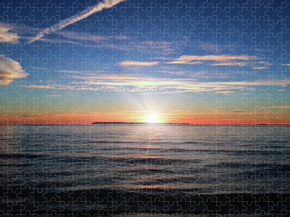 Adobe Photoshop; Photography; South Manitou Island; Sunset; Lake Michigan Jigsaw Puzzle featuring the photograph Sunset Over South Manitou Island 07-02-14 by Rick Stringer
