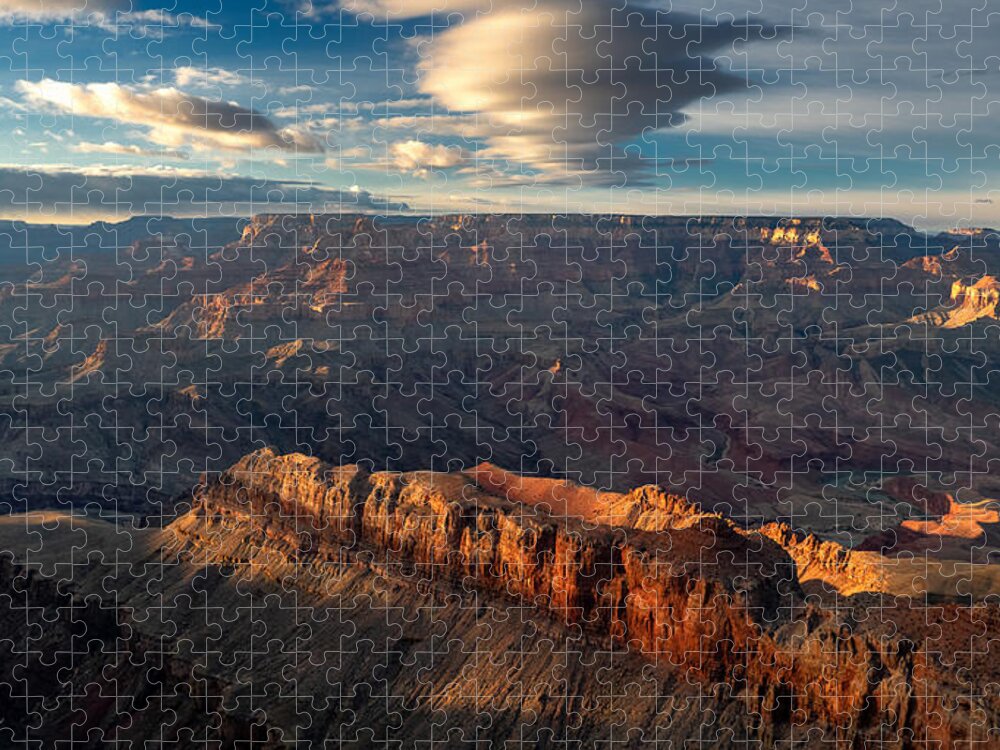 Clouds Sunset Shadows Arizona Grand Canyon Cliffs Colorful Rock Desert Fstop101 Jigsaw Puzzle featuring the photograph Sunset over the Grand Canyon by Geno Lee