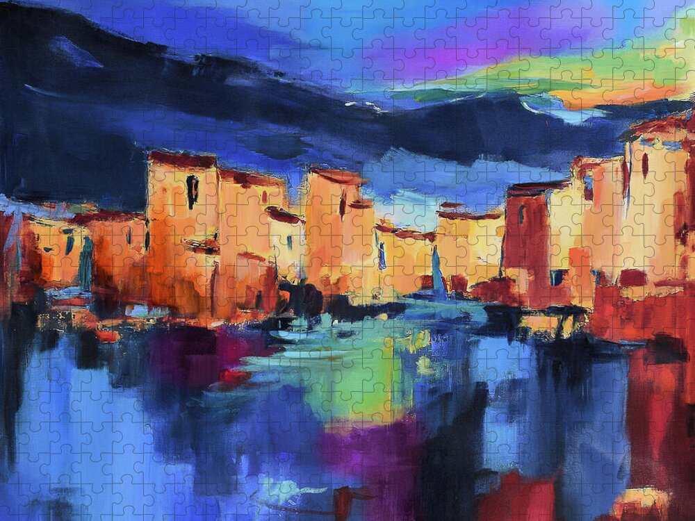 Cinque Terre Puzzle featuring the painting Sunset Over the Village by Elise Palmigiani