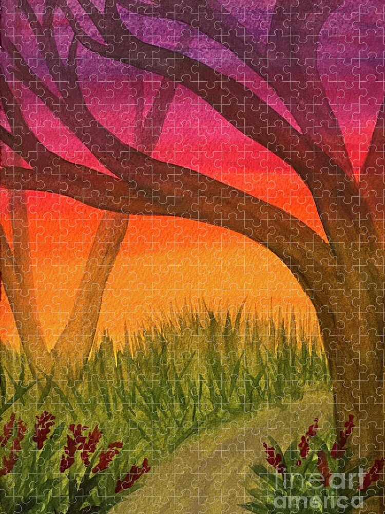 Sunset Jigsaw Puzzle featuring the mixed media Sunset Path and Trees by Lisa Neuman
