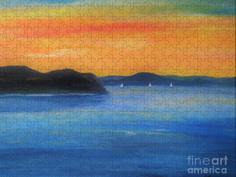 Sunset Painting Jigsaw Puzzle featuring the painting Sunset Sail by Irene Czys
