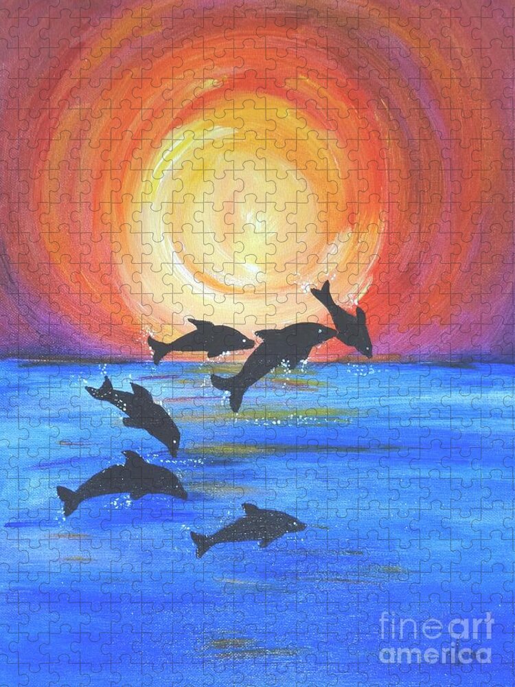 Dolphins Jigsaw Puzzle featuring the painting Sunset Solace by Karen Jane Jones