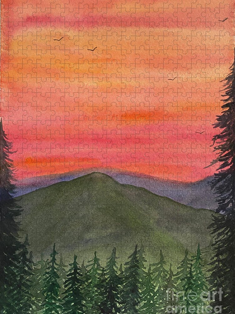 Sunset Jigsaw Puzzle featuring the painting Sunset Trees by Lisa Neuman