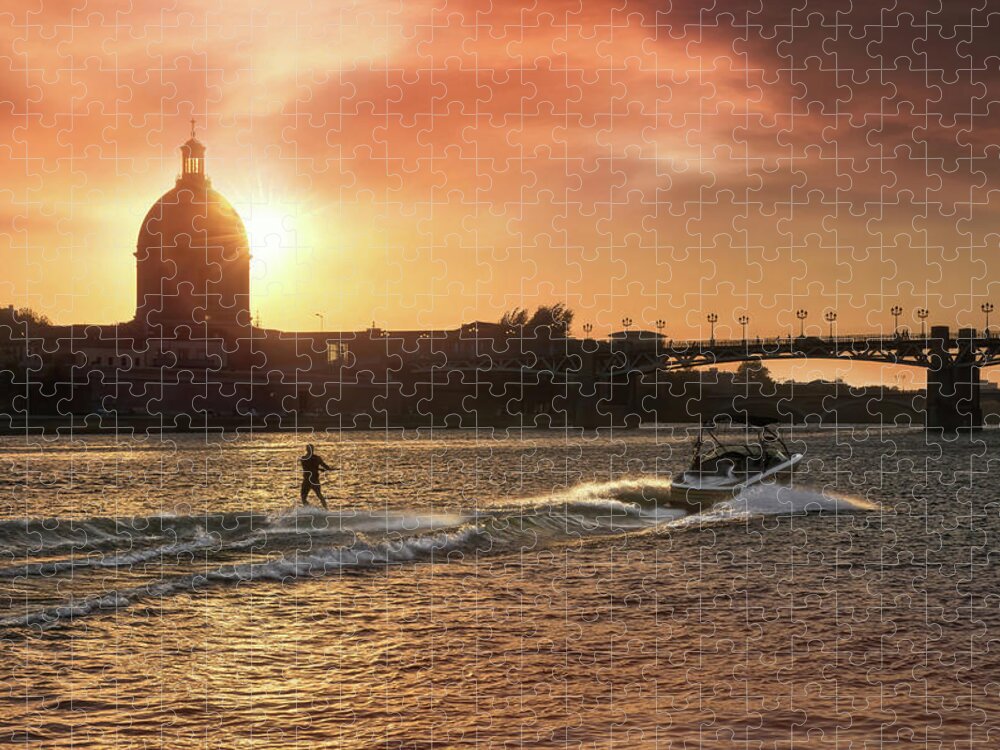Toulouse Jigsaw Puzzle featuring the photograph Sunset Water Ski Garonne River Toulouse France by Carol Japp