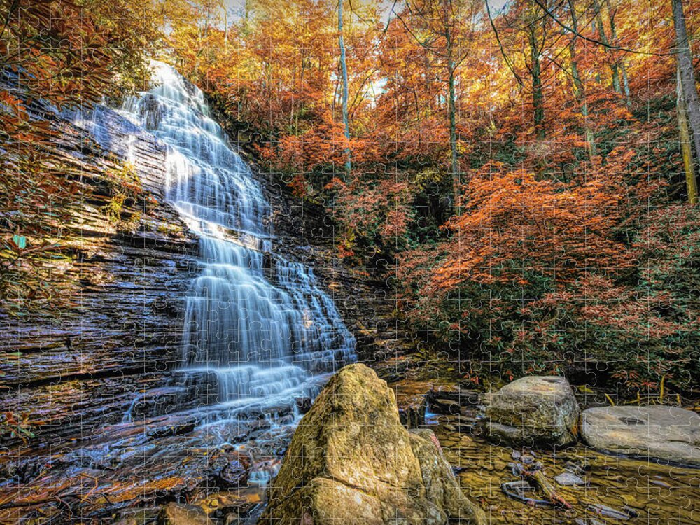 Waterfall Jigsaw Puzzle featuring the photograph Sunshine at the Benson Waterfall in Autumn by Debra and Dave Vanderlaan