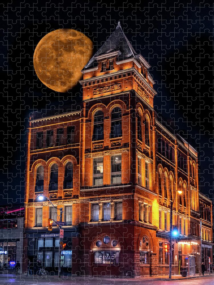 19th Century Architecture Jigsaw Puzzle featuring the photograph Super Moon Over Broadview Hotel Toronto by Dee Potter