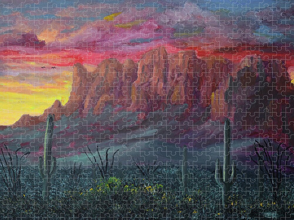 Superstition Mountains Jigsaw Puzzle featuring the painting Superstition Mountains Sunrise by Chance Kafka