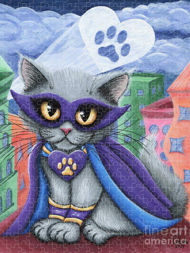 Supurrkitty - Super Hero Cat! She's Ready To Save The Day Wearing Her Adorable Purple Mask & Matching Cape! The Super Paw Symbol In The Sky Calls For Her Assistance! Jigsaw Puzzle featuring the painting SupurrKitty - Super Hero Cat by Carrie Hawks