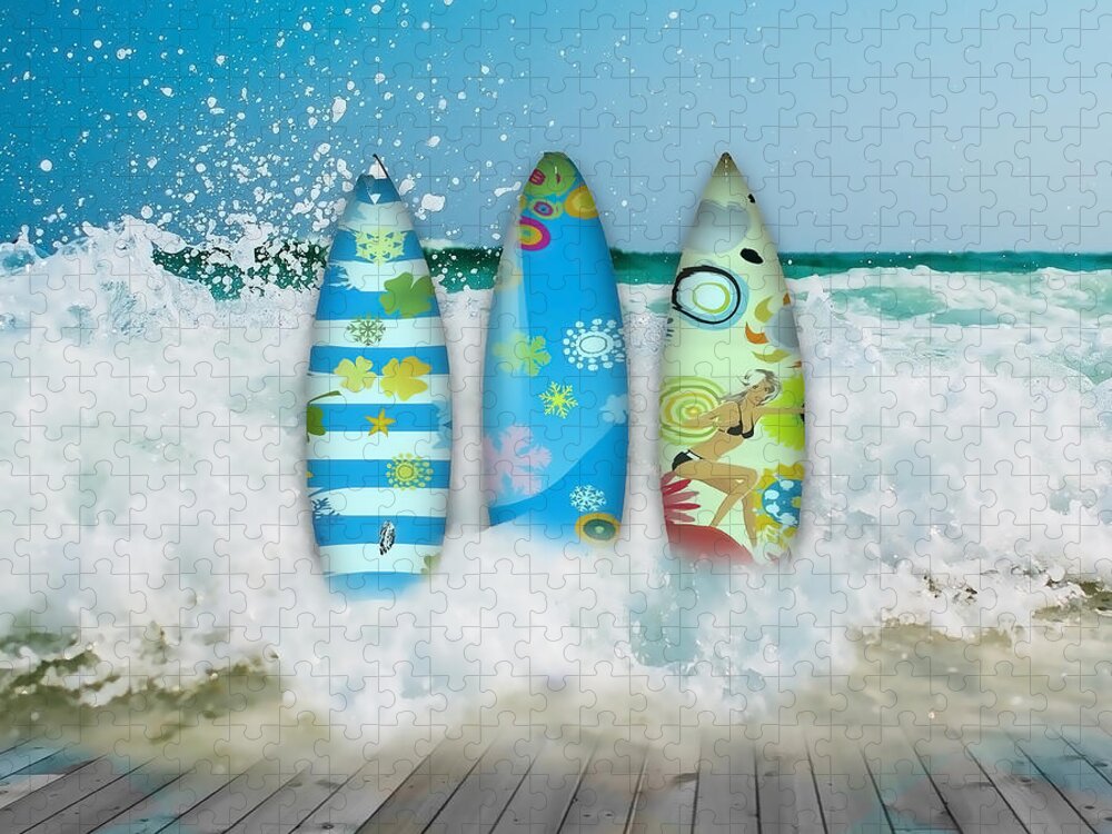 Surf Jigsaw Puzzle featuring the mixed media Surf City USA by Marvin Blaine