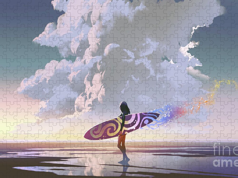 Illustration Jigsaw Puzzle featuring the painting Surfer girl with magic surfboard by Tithi Luadthong