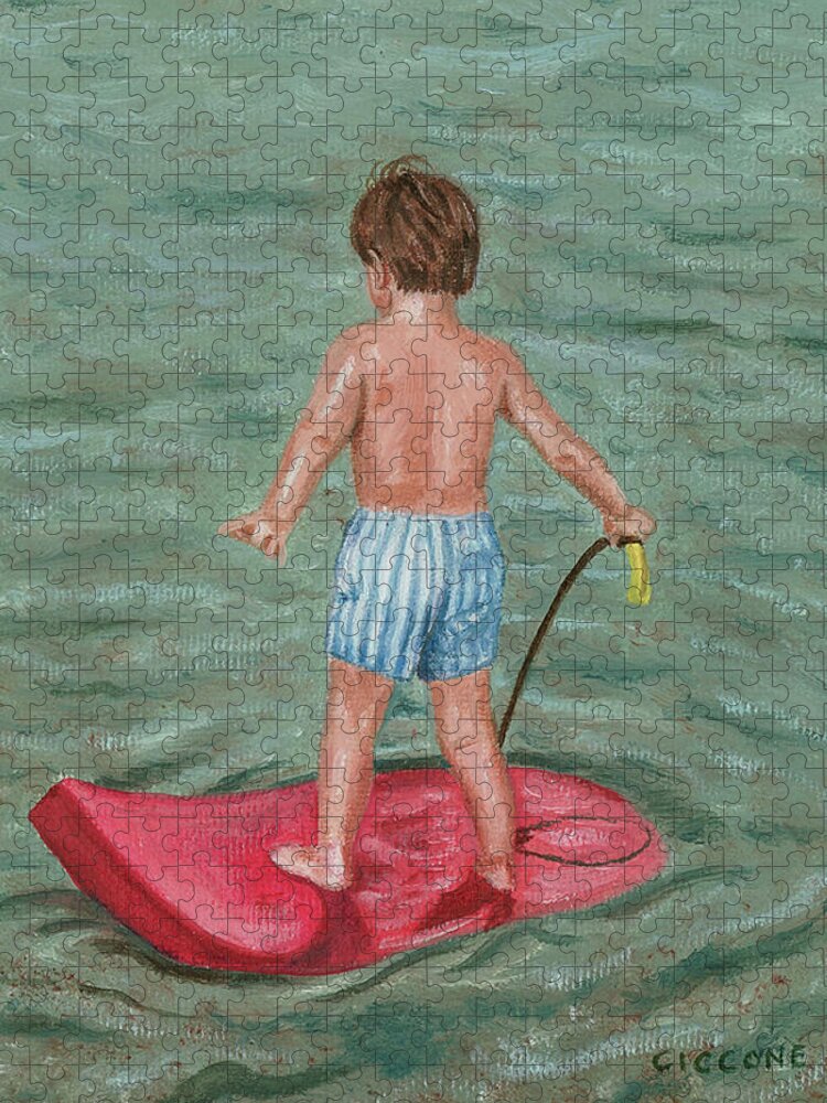 Boy Jigsaw Puzzle featuring the painting Surfer in Training by Jill Ciccone Pike