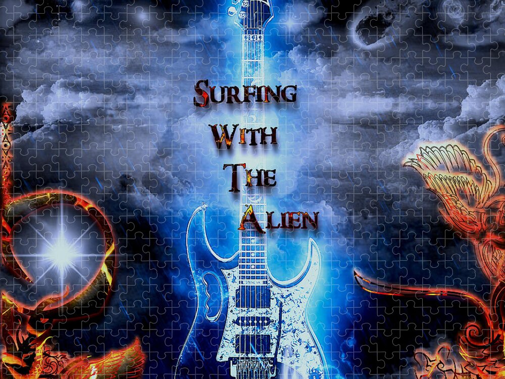 Surfing With The Alien Jigsaw Puzzle featuring the digital art Surfing With The Alien by Michael Damiani
