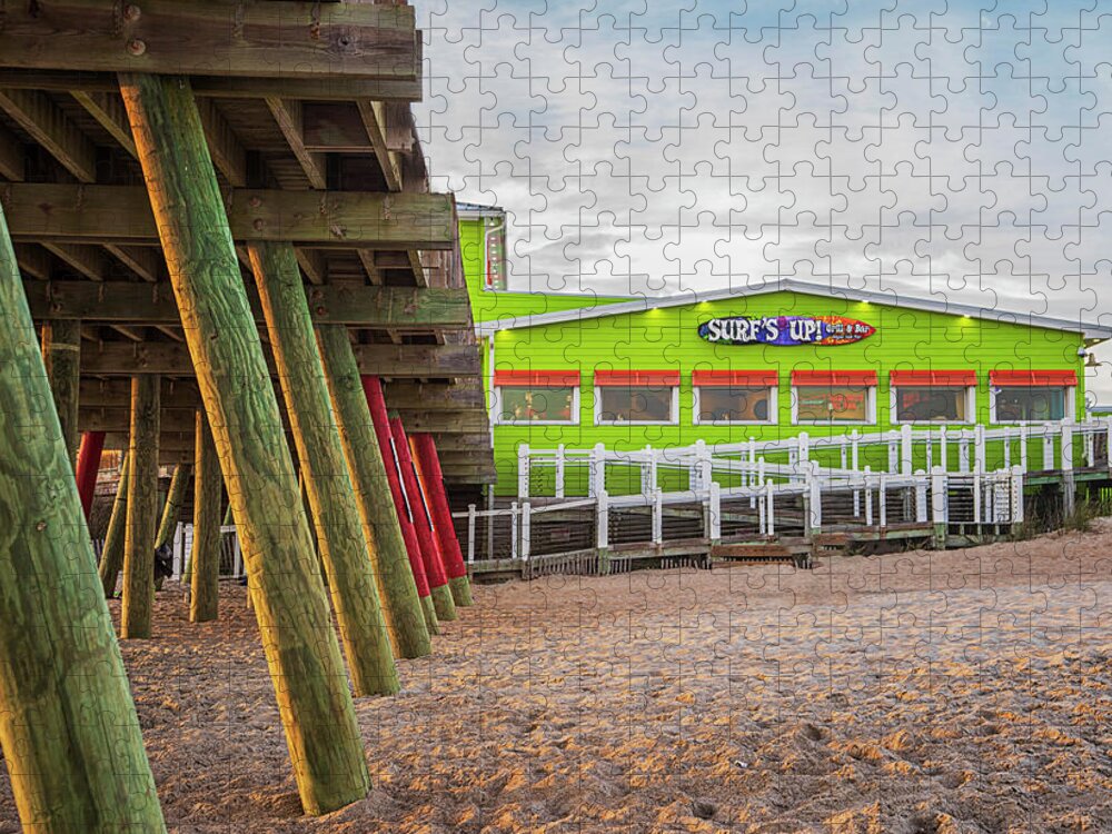 Surf's Up Jigsaw Puzzle featuring the photograph Surf's Up at Bogue Inlet Pier - Emerald Isle NC by Bob Decker