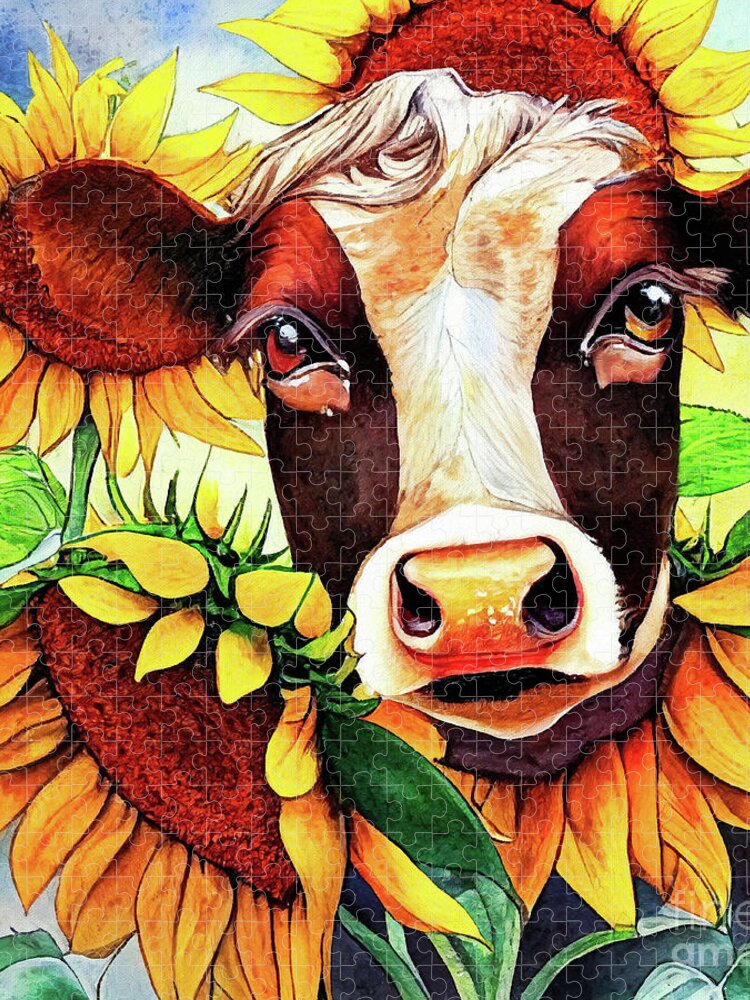 Brown Cow Jigsaw Puzzle featuring the painting Surrounded By Sunflowers by Tina LeCour