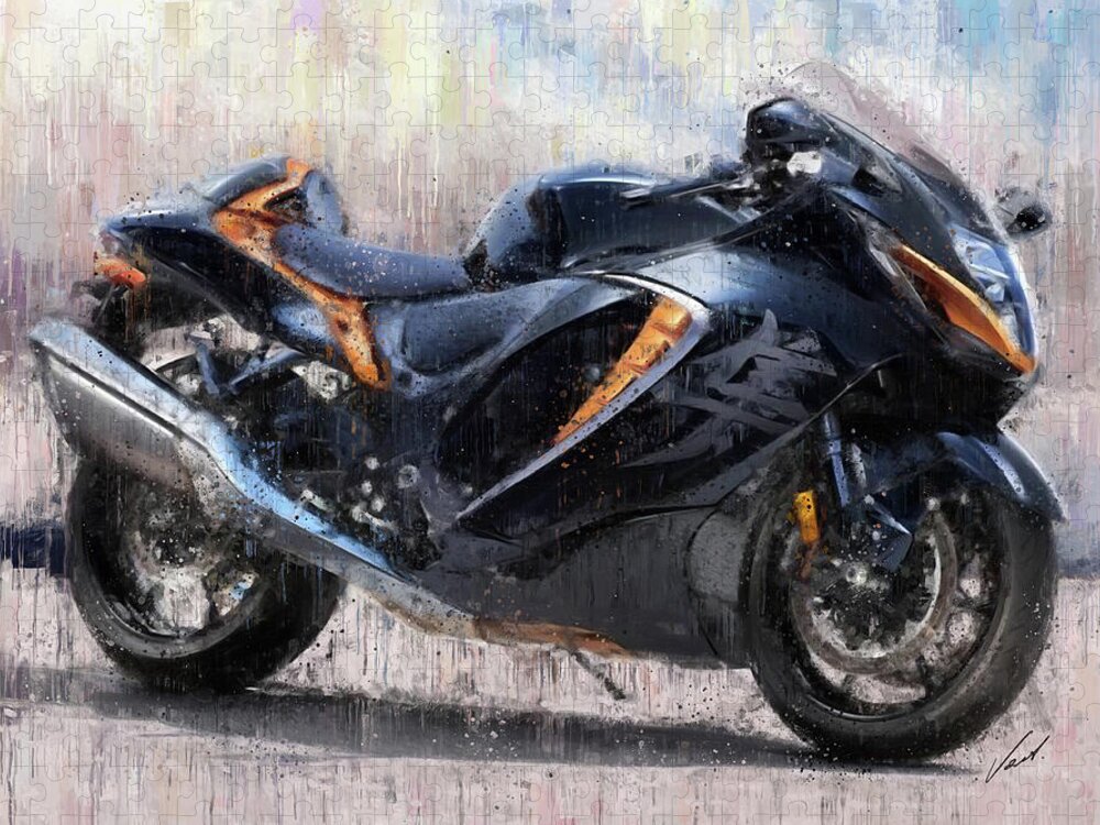 Motorcycle Jigsaw Puzzle featuring the painting SUZUKI HAYABUSA GSX1300R Motorcycles by Vart by Vart