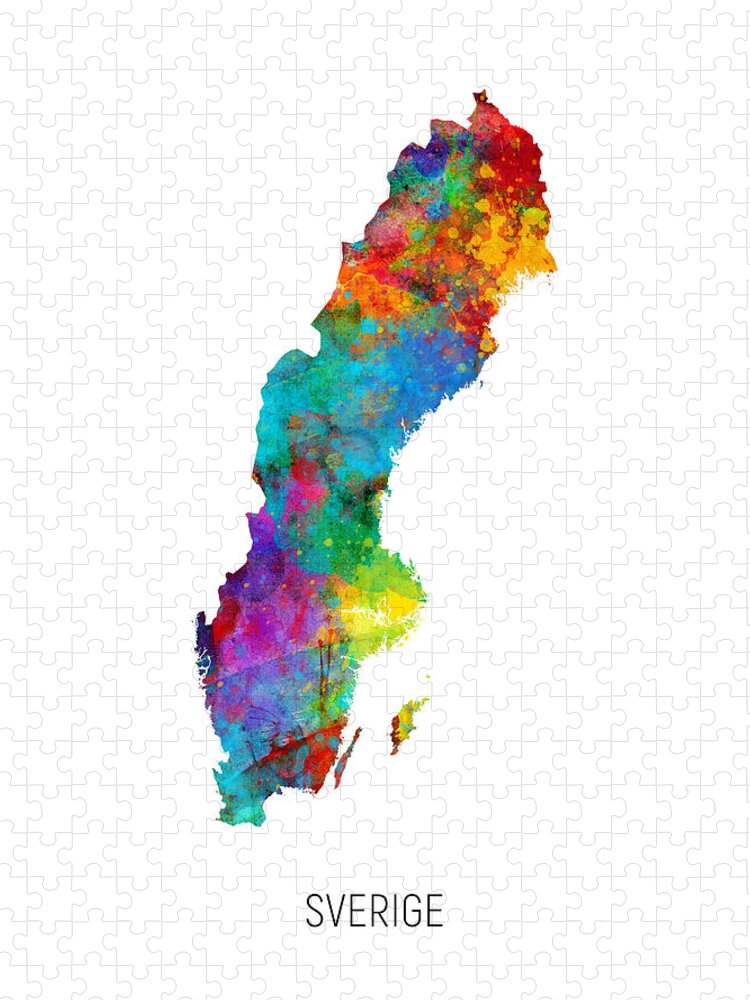 Sverige Jigsaw Puzzle featuring the digital art Sverige Watercolor Map by Michael Tompsett