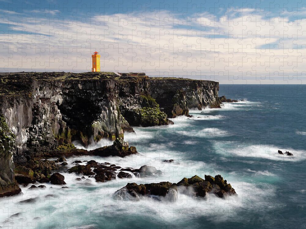 Travel Jigsaw Puzzle featuring the photograph Svortuloft Lighthouse on the Westernmost part of the Snaefelsnes Peninsula, Iceland I by William Dickman