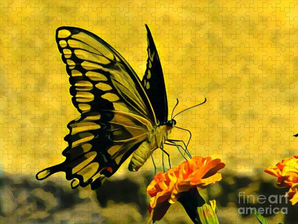 Butterfly Jigsaw Puzzle featuring the painting Swallowtail on Marigold by Marilyn Smith