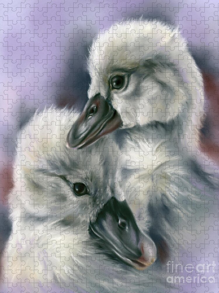 Bird Jigsaw Puzzle featuring the painting Sweet Cygnet Pair on Purple by MM Anderson