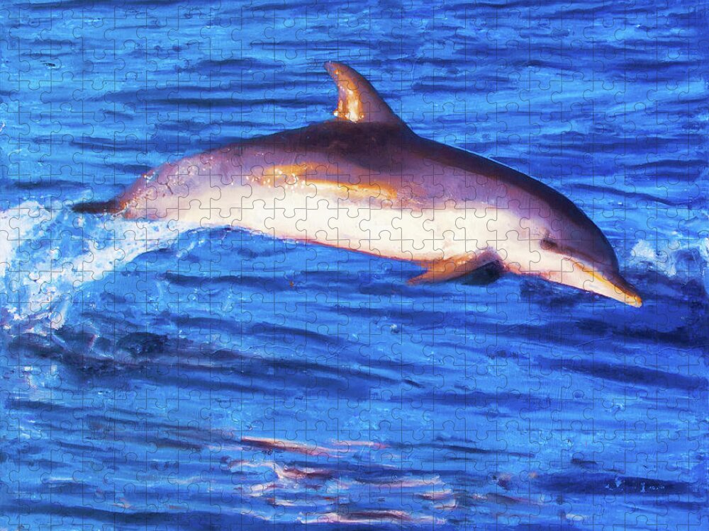 Dolphin Jigsaw Puzzle featuring the painting Swimming with Dolphins - 02 by AM FineArtPrints