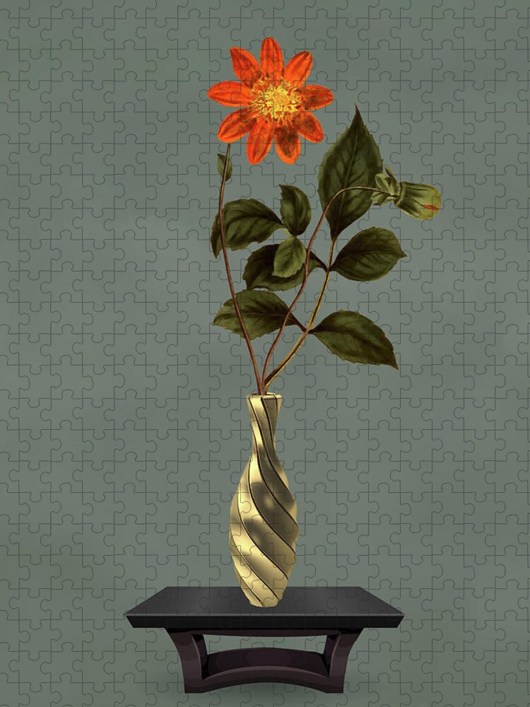 Scarlet Flowered Dahlia Jigsaw Puzzle featuring the mixed media Swirled Silver Metal Vase with Flower by David Dehner