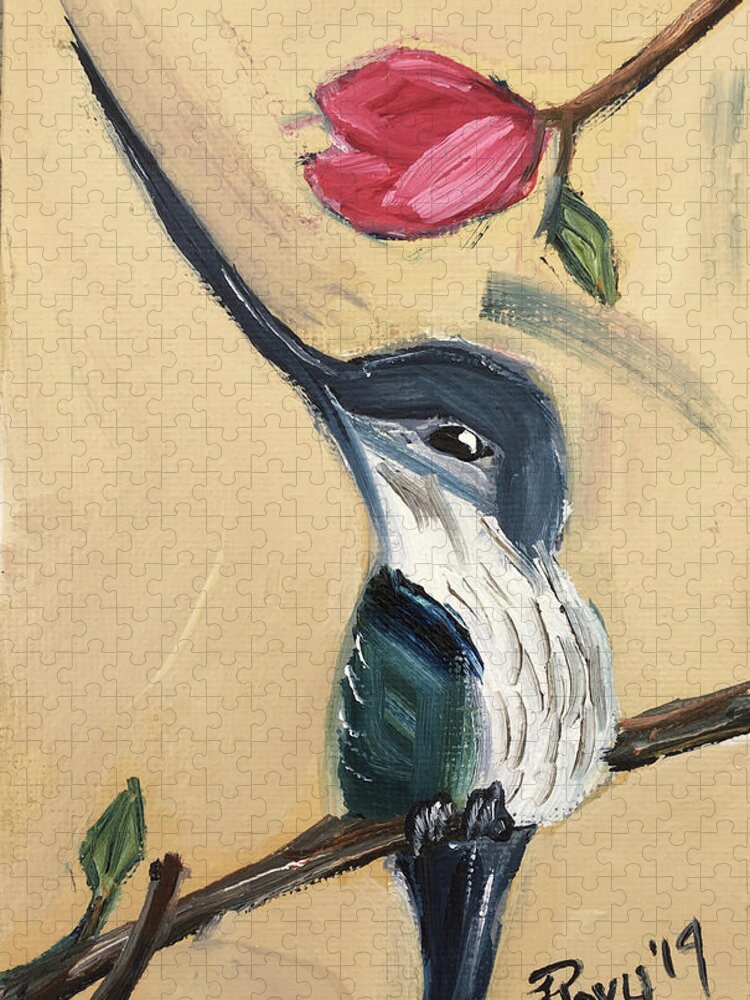 Sword Billed Hummingbird Jigsaw Puzzle featuring the painting Sword Billed Hummingbird by Roxy Rich