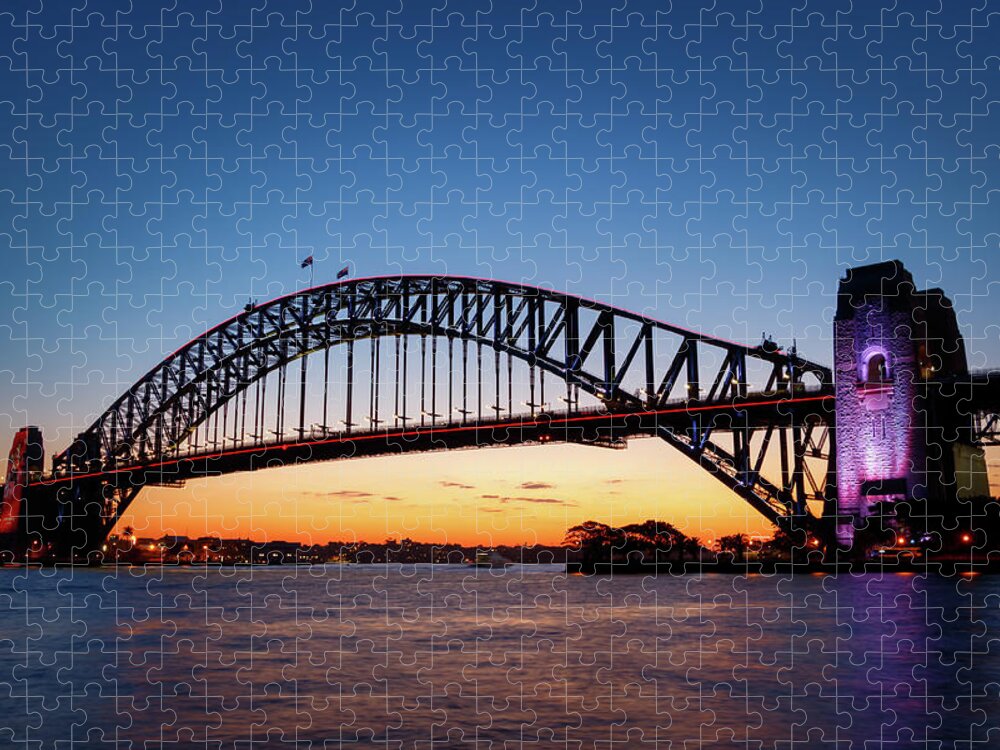 Arch Jigsaw Puzzle featuring the photograph Sydney Harbour Bridge illuminated at sunset by Rick Deacon