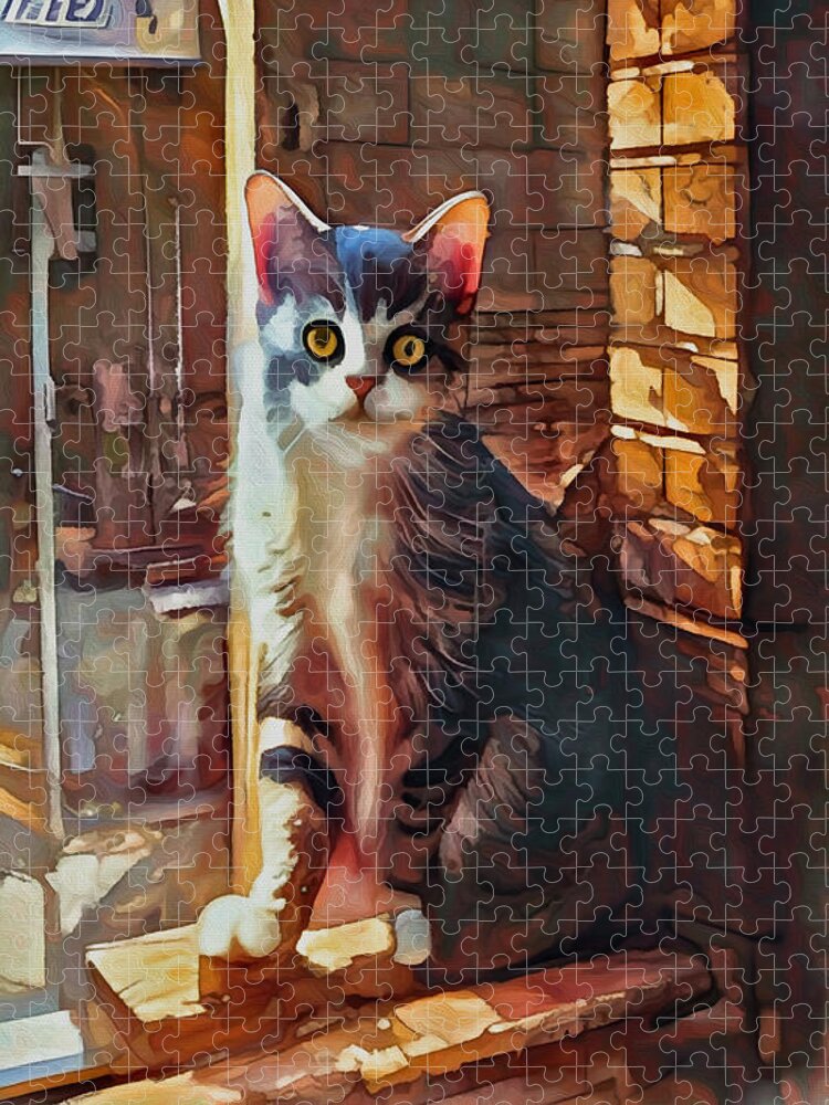 Town Cat Jigsaw Puzzle featuring the mixed media Tabby Town Cat by Ann Leech