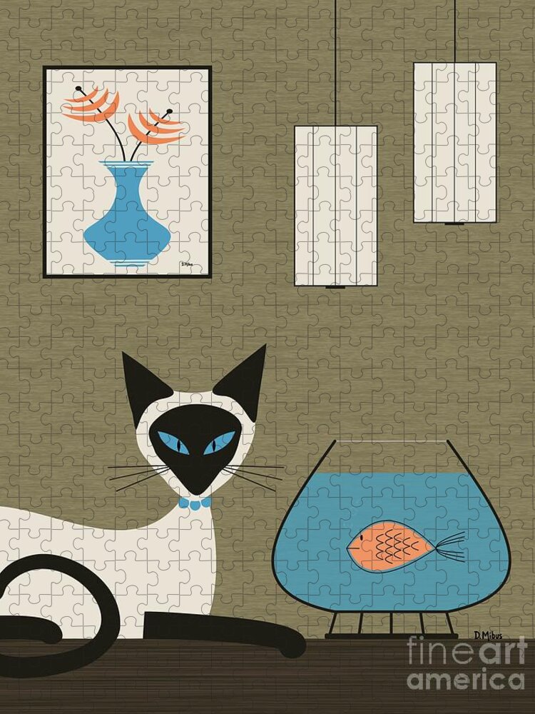 Mid Century Modern Jigsaw Puzzle featuring the digital art Tabletop Siamese with Fish by Donna Mibus