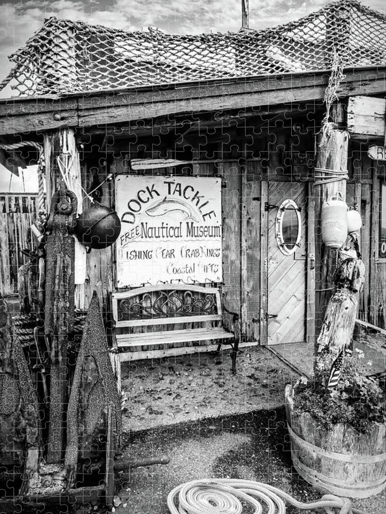 Dock Jigsaw Puzzle featuring the photograph Tackle Shop and Nautical Museum Black and White by Debra and Dave Vanderlaan