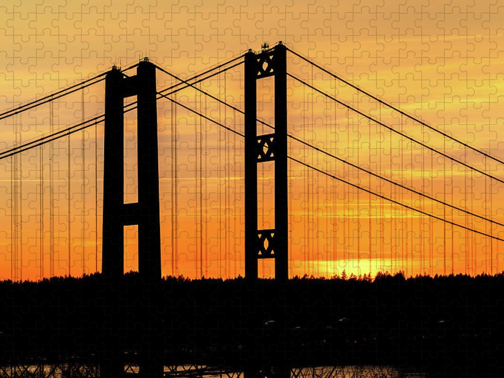 Tacoma Jigsaw Puzzle featuring the photograph Tacoma Narrows Bridges Fiery Sunset by Rob Green