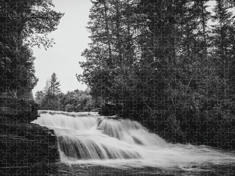Tahquamenon Falls Black And White Lower Falls Jigsaw Puzzle featuring the photograph Tahquamenon Falls Lower Black And White by Dan Sproul